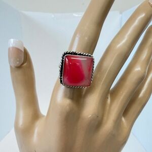 Hand crafted Red Banded Agate Square Statement Ring Silver plated Size 7 Boho